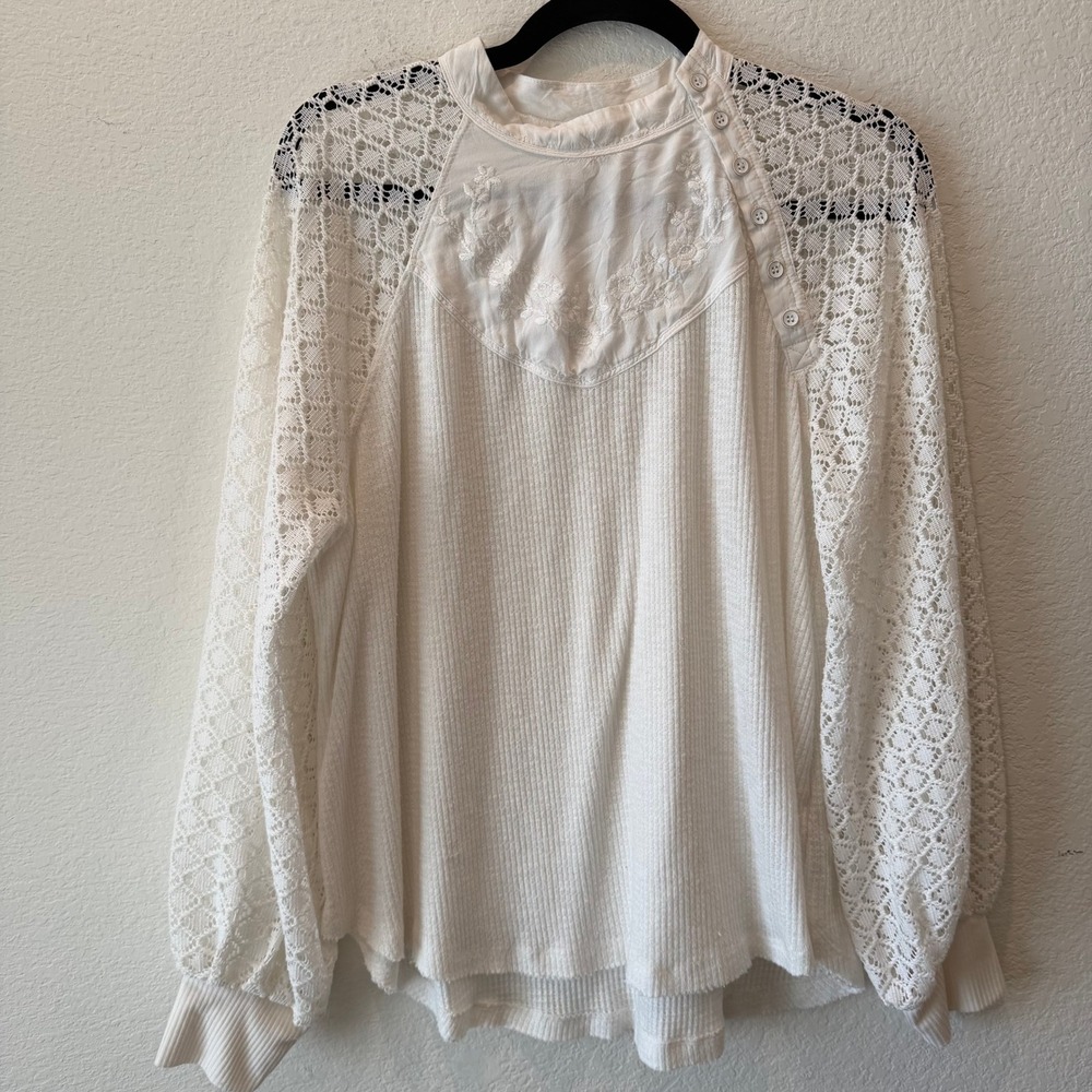 Free People Ivory Waffle Knit Lace Sleeve Embroidered Thermal Top Large
